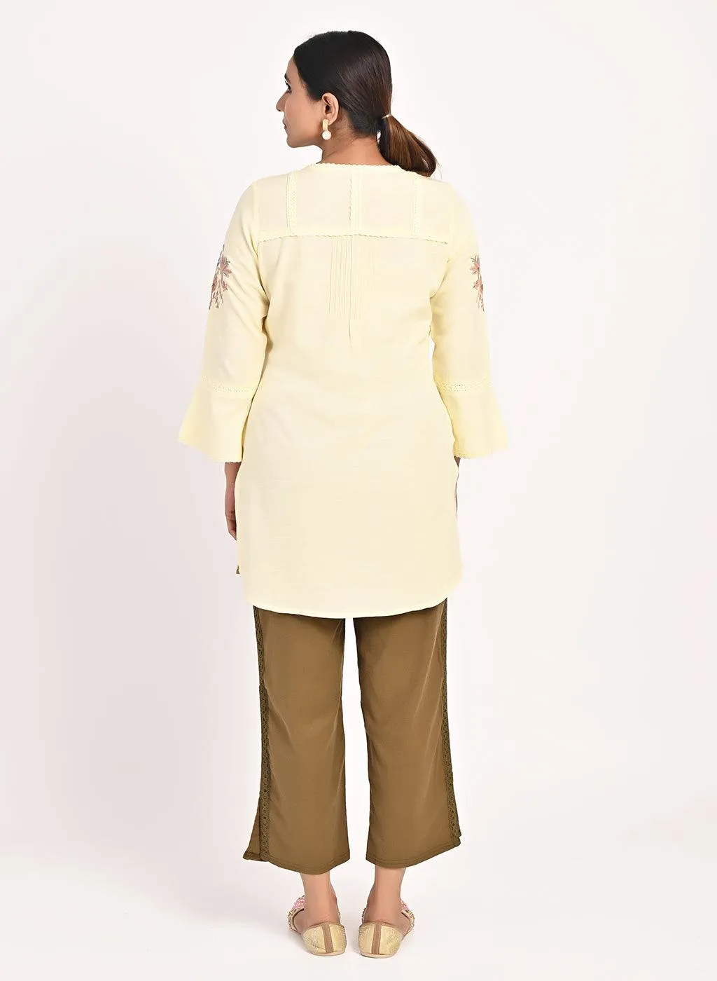 Yellow Cotton Kurti with Floral Embroidery