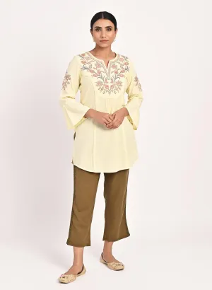 Yellow Cotton Kurti with Floral Embroidery