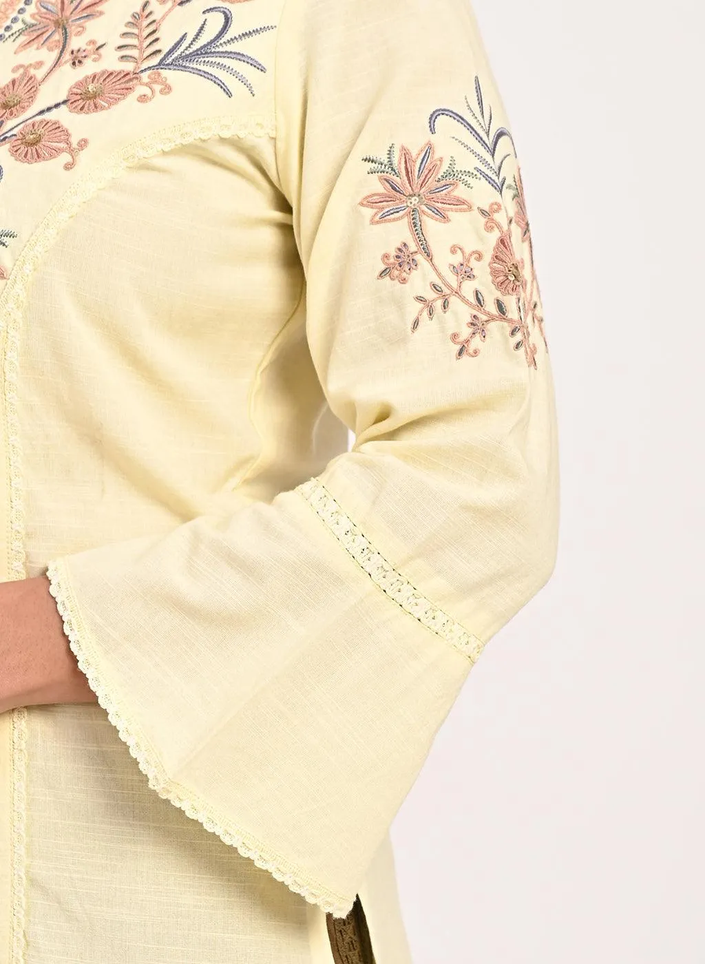 Yellow Cotton Kurti with Floral Embroidery